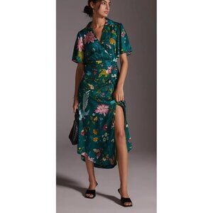 Anthro Maeve Green Floral V Neck  Midi Dress Size 14 Cruise Party Core